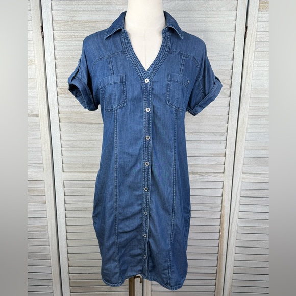 GUESS Denim Chambray Short Sleeve Button Front Shirt Dress Blue-Medium - Picture 1 of 5